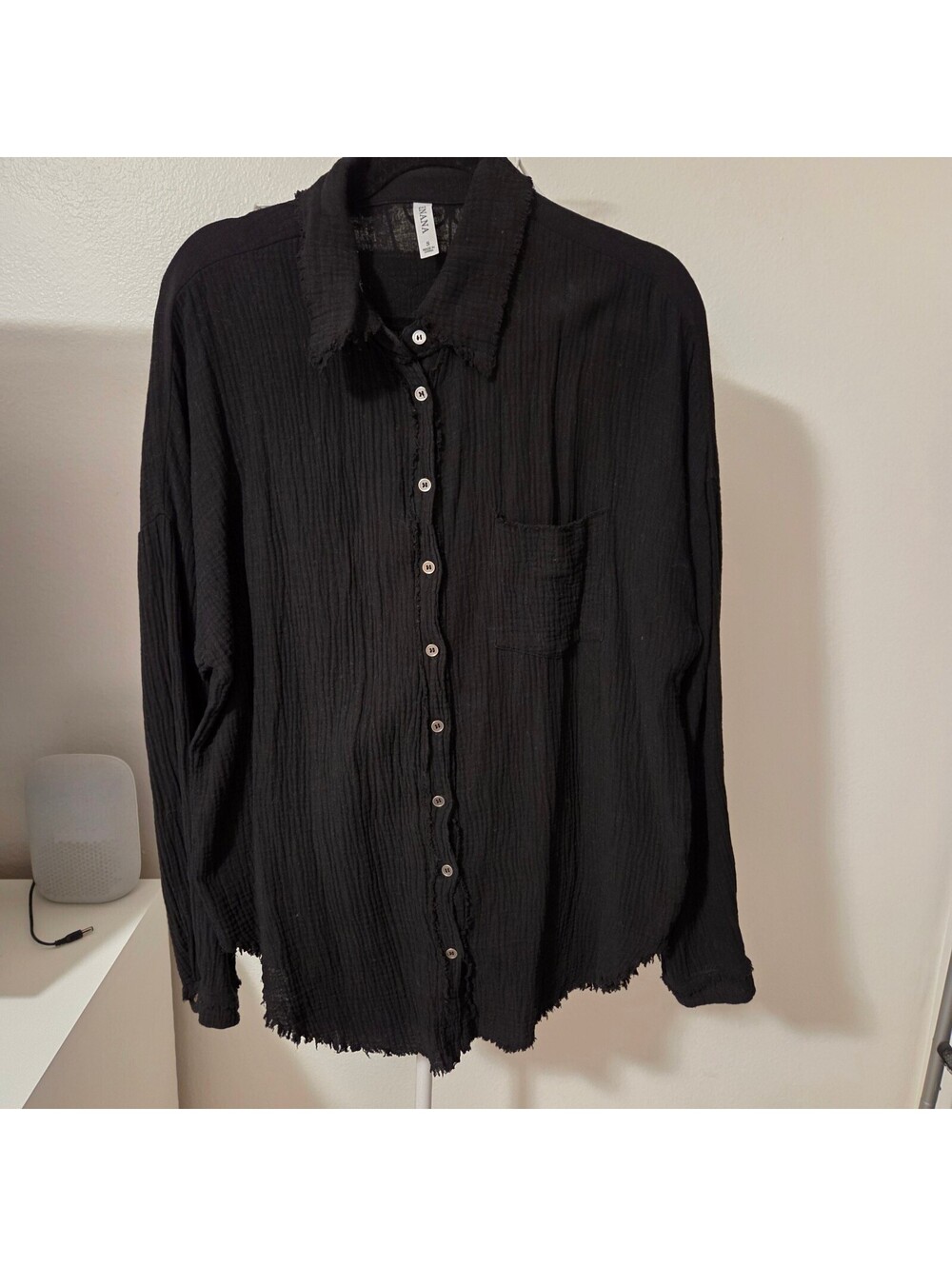 Zenana Black Oversized Button-Up Cotton Shirt with Frayed Edges, Size Small